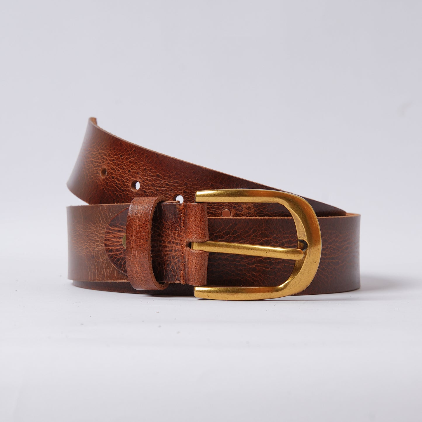 Handmade Rugged Brown Leather Belt with Golden Buckle