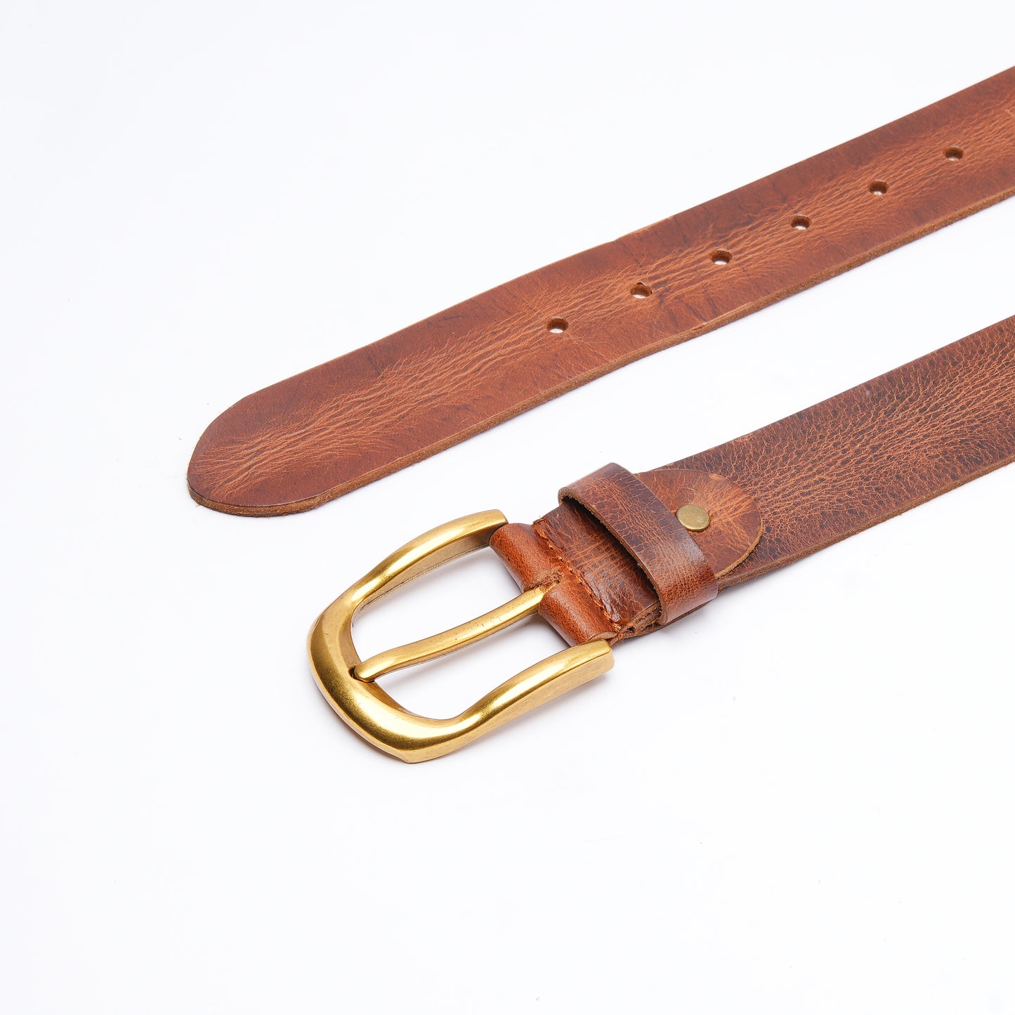 Handmade Rugged Brown Leather Belt with Golden Buckle