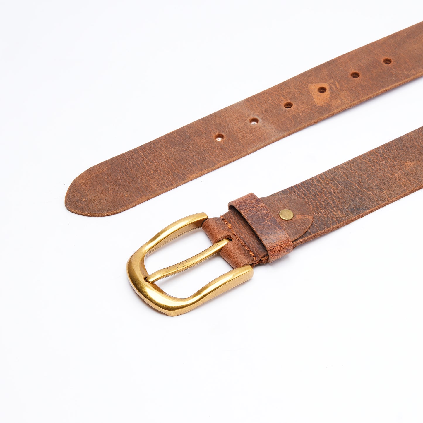 Handmade Vintage Brown Leather Belt with Golden Buckle