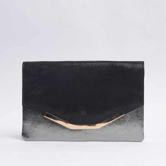 Luxe Leather Clutch Shimmering Black and Silver